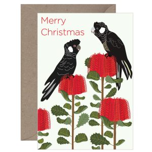 Christmas Card Carnaby's Cockatoo on Banksia Flowers